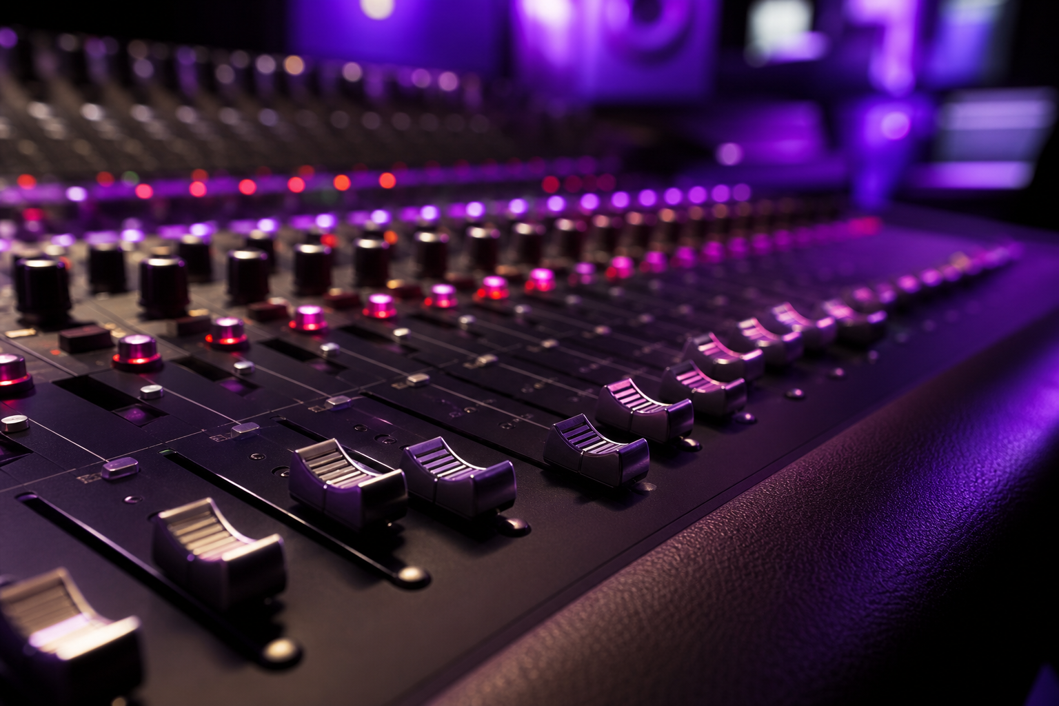 Mixer professionale dello studio con luci viola