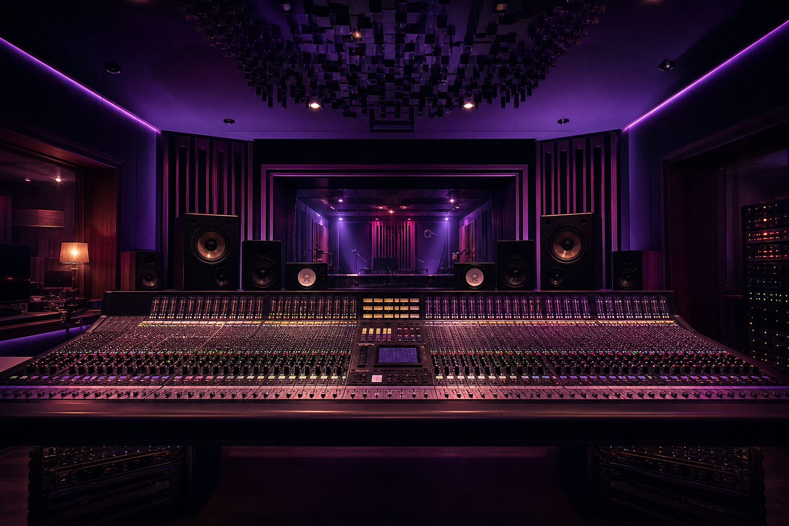 Sala regia dello studio Risuona con mixer e luci viola