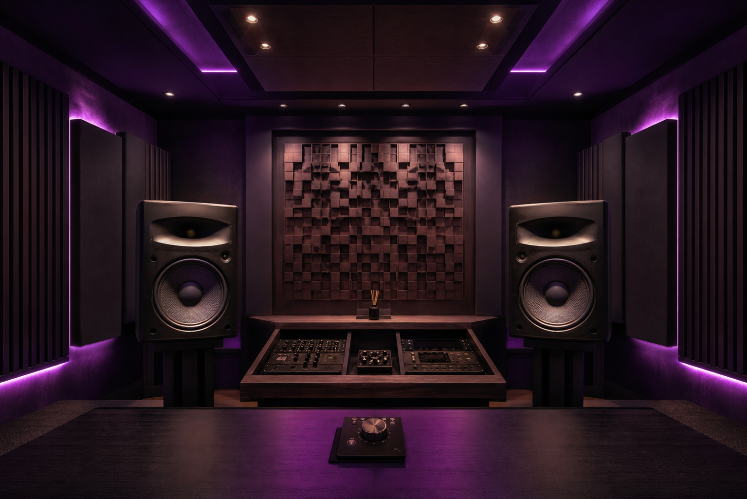 Sala mastering con monitor e pannelli acustici
