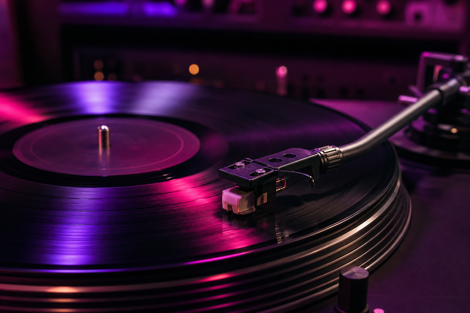 Disco in vinile su un giradischi con luce magenta